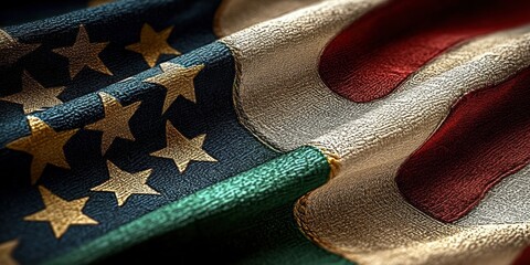 Close-up of textured stars and stripes flag fabric with stitched golden stars and flowing red, white and blue stripes evoking pride and reverence