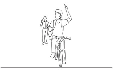 Continuous one line drawing of young student riding to school waving hand to his parent, single line art.