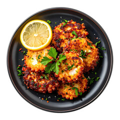 Crispy octopus fritters with a lemon and herb aioli on a dark plate and a white studio backdrop