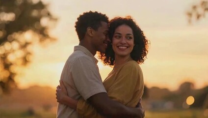Couple embracing in sunset
