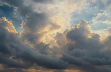 Moody layered storm clouds backlit by golden sunlight, dramatic twilight sky with glowing edges and a sense of quiet awe