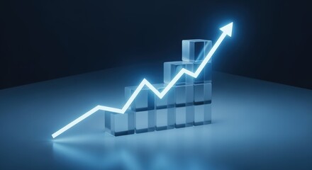 Glowing blue arrow graph shows upward financial growth and success