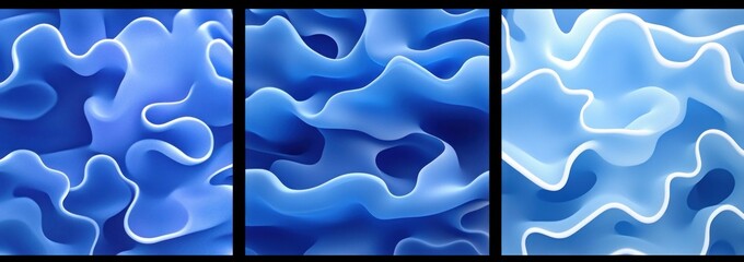 Three-panel abstract composition of soft flowing blue organic waves and layered ruffles with smooth gradients and luminous highlights evoking calm serenity