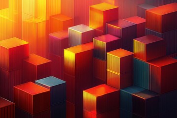 stacked shipping containers bathed in glowing warm light forming a geometric cityscape with vibrant, energetic and futuristic mood