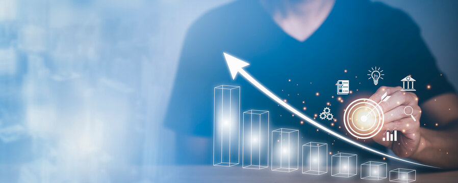 Business growth and financial success illustrated by upward arrow and data