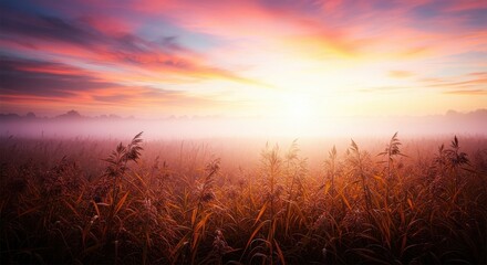 Fototapeta premium Vibrant sunrise or sunset over a misty field with tall grasses illuminated by warm golden and pink light under a dramatic colorful sky