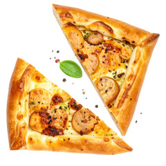 Triangular slices of turkish pide with a savory meat filling isolated on a pure white background