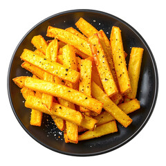 Crispy baked polenta fries with rosemary and sea salt on a dark plate and a white studio backdrop