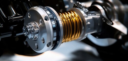 Fototapeta premium close-up of polished metallic coupling with golden helical spring on a precision shaft assembly, sleek high-tech machinery conveying power, motion and engineered sophistication