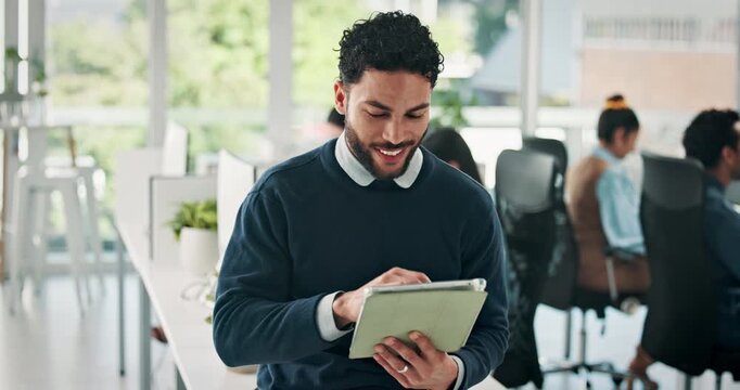Media agency, tablet and man in office, smile and story planning with submission email. Happy person, publication and journalist in workplace, tech and typing with magazine editor, column and app