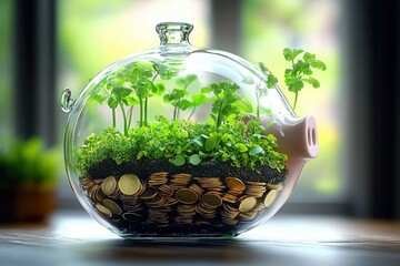 clear glass piggy bank on a table filled with gold coins, dark soil and young green plants sprouting toward sunlight, evoking hopeful sustainable growth