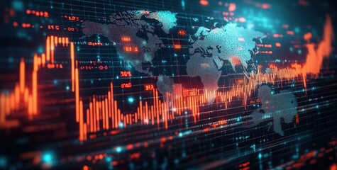 glowing digital world map overlaid with red-orange stock charts, candlestick bars and fluctuating line graphs, neon blue data points and gridlines conveying dynamic market volatility