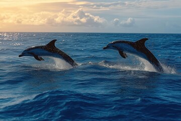 Fototapeta premium Two dolphins leaping through ocean waves at sunset, playful and joyful, splashing water under a golden clouded sky