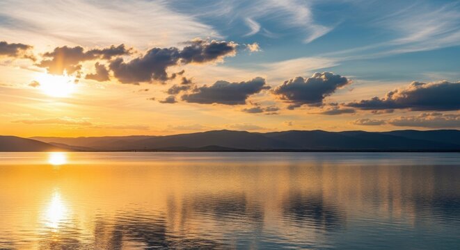 Breathtaking sunset over a calm lake with vibrant orange and yellow reflections stretching across the water surface under a dramatic, cloudfilled sky with distant mountains silhouetted on the horizon