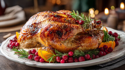 Roasted turkey garnished with cranberries orange slices and rosemary on a plate