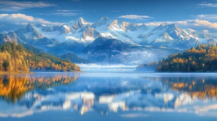 Majestic serene alpine lake reflecting snow-capped mountains, golden autumn forests and morning mist beneath a clear blue sky