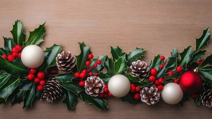 festive garland of glossy holly leaves, bright red berries, frosted pine cones and red and ivory baubles on warm wooden background, cozy and elegant holiday mood