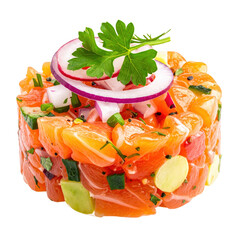 Fresh salmon tartare isolated on a clean white background, ideal for menu design and seamless integration into marketing materials