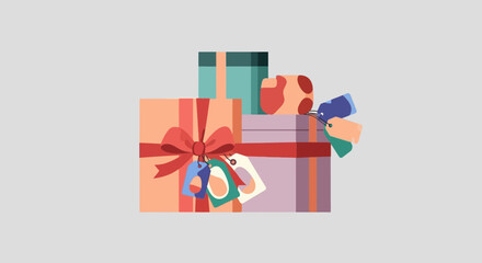 Single Vector Icons of Stack of Colorful Gift Boxes Tied with Ribbons and Tags. EPS Editable