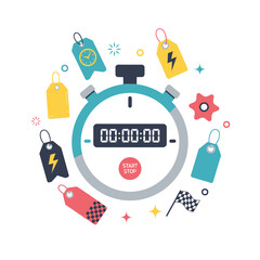 Single Vector Icons of Stopwatch with Sale Tags and Lightning Bolt Icons. EPS Editable