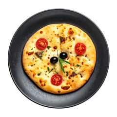 Italian schiacciata flatbread with olives on a dark plate, a savory and rustic snack isolated on white background