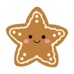 A cute character of gingerbread star cookie with a smiling face and white icing dots clipart illustration