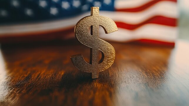 golden dollar sign standing on polished wooden table with blurred american flag in background, conveying patriotic financial power and prosperity - Powered by Adobe