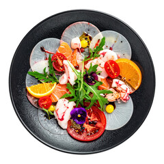 Delicate seafood carpaccio with thinly sliced fish and citrus on a dark plate, a refined and elegant raw appetizer