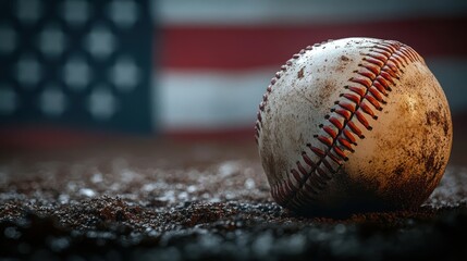 Close-up of a muddy scuffed baseball resting on wet infield dirt with a blurred American flag in the background, evoking gritty patriotic nostalgia