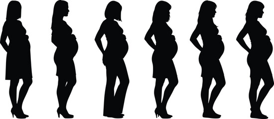 Set of black silhouettes of pregnant women standing in side view, isolated on white background, symbolizing maternity, motherhood, and waiting for baby.
