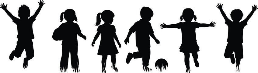 Set of black silhouettes showing happy children playing, running and jumping, active kids vector illustration isolated on white background, joyful childhood concept
