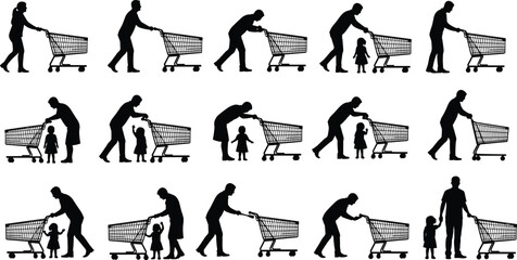 Set of black silhouettes showing people with shopping carts and children, supermarket customers vector illustration collection isolated on white background, retail concept