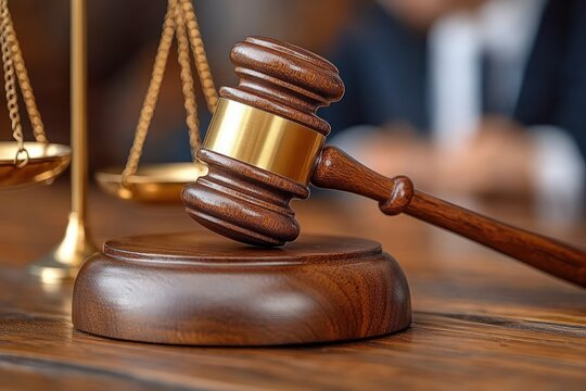 wooden judge gavel with brass band resting on sound block, golden scales of justice and blurred courtroom figure in background conveying solemn legal authority