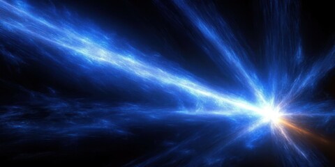 Bright blue energy beam and radiant light burst across dark space with trailing glowing streaks and particles conveying dramatic, powerful, futuristic awe