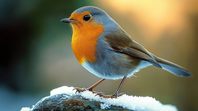 Small orange-breasted songbird perched on a snow-topped rock at golden winter sunrise, fluffy feathers and curious serene expression