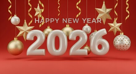 Happy New Year 2026 celebration with festive gold and white ornaments and ribbons on a vibrant red background.