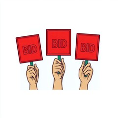 Three raised hands holding red bid paddles conveying assertive competitive auction bidding