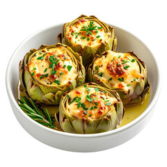 Single savory stuffed artichoke heart with golden topping, perfectly isolated on a pure white background for recipes