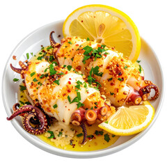 Single portion of flavorful stuffed squid with herbs, perfectly isolated on a pure white background for menus