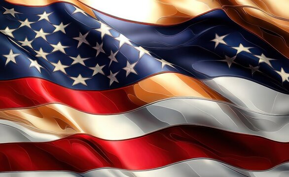 Waving american flag with glossy metallic sheen, flowing stars and stripes conveying pride and patriotic warmth - Powered by Adobe