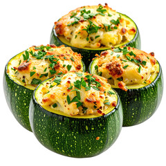 Single stuffed courgette half with a golden breadcrumb topping perfectly isolated on a pure white background for recipes