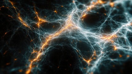 Glowing web of fine blue and orange filaments on a dark background conveying electric energy, mystery and interconnected neural or cosmic structures
