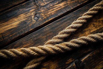 Fototapeta premium close-up of thick twisted natural rope lying across weathered wooden planks, warm light and deep shadows evoke a rustic nautical tactile mood