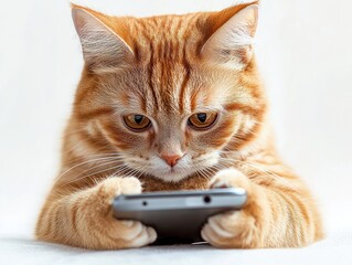 Focused ginger tabby cat holding a smartphone with its paws, intently staring at the screen with a curious concentrated expression on a white background