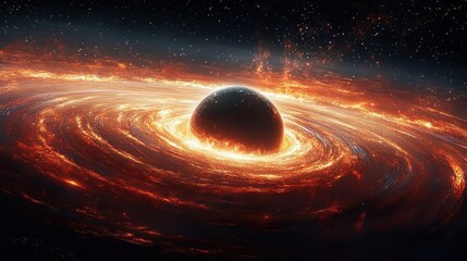 Dark spherical mass surrounded by a blazing, swirling accretion disk and fiery jets against a starry cosmic backdrop, dramatic and awe-inspiring