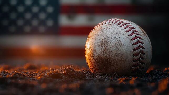 Scuffed baseball on dirt with blurred American flag in background at golden hour, evoking nostalgia and patriotic pride