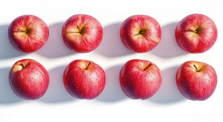 Eight red apples in two neat rows on a white background, glistening with water droplets and casting soft shadows, fresh and inviting
