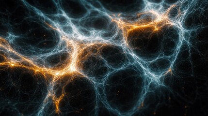 Ethereal glowing web of blue and orange filaments and sparks forming interconnected nodes over a dark void, evoking mysterious electric energy