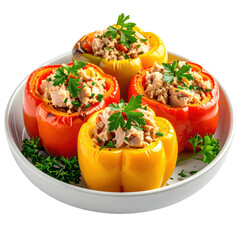 Tuna and herb stuffed peppers isolated on white background, perfect for creating transparent pngs for diet plans