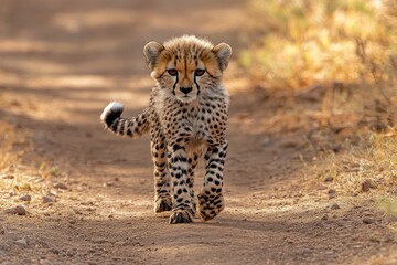 young cheetah cub walking down sunlit dirt track through dry grass, curious and confident gaze
